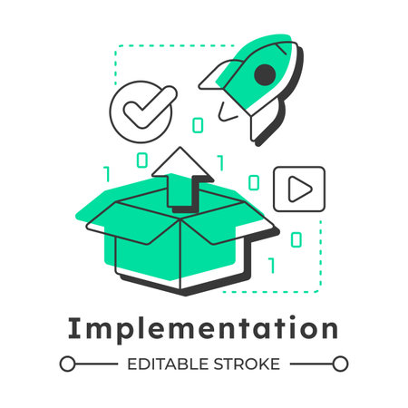 Implementation modern linear concept icon. Efficiency rocket, productivity. Development, innovation. Flat outline elements connected with dotted lines. Creative visual. Easy to editのイラスト素材