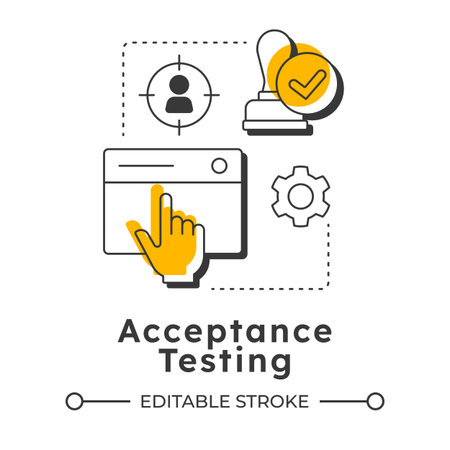 Acceptance testing modern linear concept icon. Target customer, goal. User experience, quality assurance. Flat outline elements connected with dotted lines. Creative visual. Easy to editのイラスト素材
