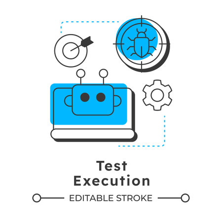 Test execution modern linear concept icon. Bug analysis, tracking. Artificial intelligence, chatbot. Flat outline elements connected with dotted lines. Creative visual. Easy to editのイラスト素材