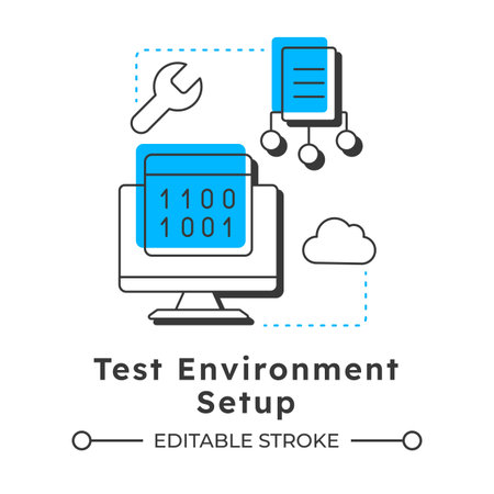 Test environment setup modern linear concept icon. Cloud technology. Software engineering. Programming, coding. Flat outline elements connected with dotted lines. Creative visual. Easy to editのイラスト素材