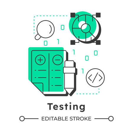 Testing modern linear concept icon. Coding, programming. Balance sheet, accounting. Statistical diagram. Flat outline elements connected with dotted lines. Creative visual. Easy to editのイラスト素材