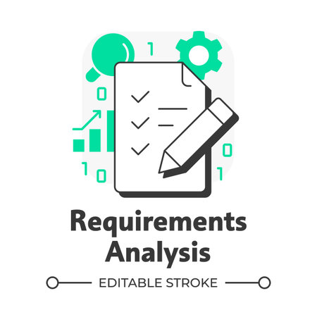 Requirements analysis flat outline concept icon. Task list, brainstorm. Statistical graph, efficiency metric. Modern line illustration with green glyphs. Conceptual visual. Easy to editのイラスト素材