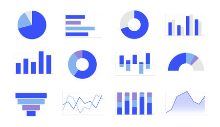 Statistical diagrams infographic elements set. Pie charts, bar graphs. Efficiency tracking, performance. Business report. Data visualization on white background. Info graphics collectionのイラスト素材