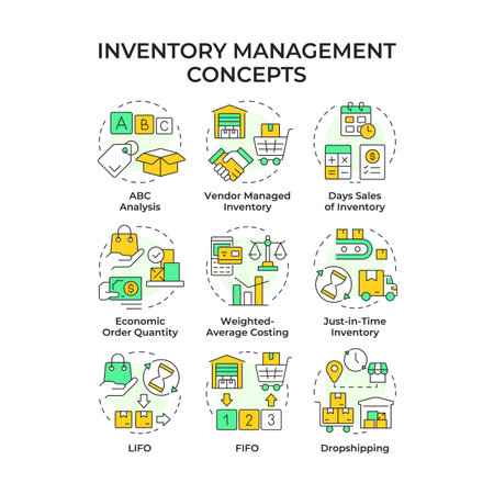 Inventory management multi color concept icons. effective system of products distribution organization. Supplies chain. Icon pack. Vector images. Round shape illustrations for booklet. Abstract ideaのイラスト素材
