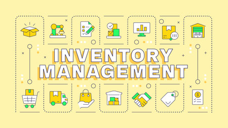 Inventory management light yellow word concept. Efficient planning of company supplies usage. Typography banner. Vector illustration with title text, editable icons color. Hubot Sans font usedのイラスト素材