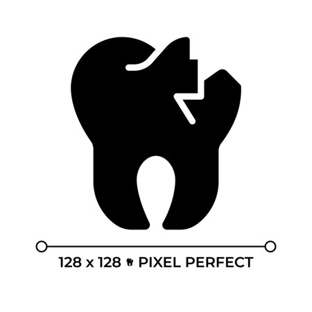 Broken tooth pixel perfect glyph solid icon. Dental emergency, illness. Teeth repair, toothache. Oral health. Black silhouette symbol on negative space. Vector isolated illustrationのイラスト素材
