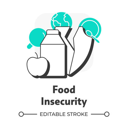 Food insecurity flat outline concept icon. Lack of products. Agricultural industry problems danger. Impact of water crisis. Modern line illustration with green glyphs. Conceptual visual. Easy to editのイラスト素材