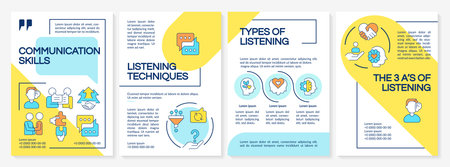 Communication skills blue and yellow brochure layout. Social interaction, networking. Leaflet advertising design with color line icons. Editable 4 pages. Questrial, Lato-Regular fonts usedのイラスト素材