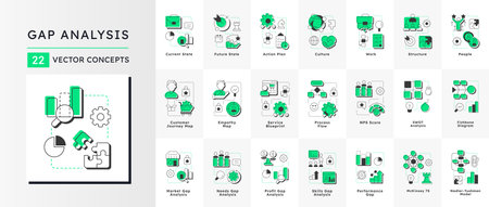 Gap analysis modern linear concept icons bundle. Difference between current and desired performance. Organization. Flat outline elements connected with dotted lines. Creative mega set. Easy to editのイラスト素材