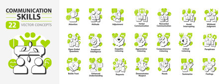 Communication skills flat outline concept icons bundle. Empathic listening, conversation. Emotional intelligence. Modern line illustrations with green glyphs. Conceptual visual. Easy to editのイラスト素材