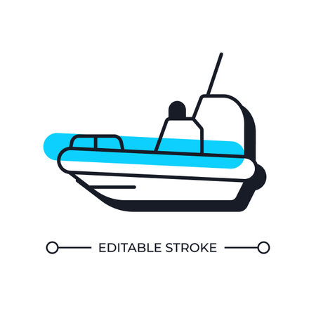 Motorboat offset shadow line icon. Powerboat for water sailing. Fast watercraft transport. Ship equipped with motor. Bold outline symbol with solid blue fill. Modern flat illustration. Editable strokeのイラスト素材