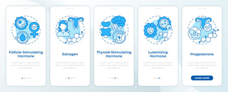 Hormones blue onboarding mobile app screen. Women health support. Walkthrough 5 steps editable graphic instructions with linear concepts. UI, UX, GUI. Montserrat SemiBold, Regular fonts usedのイラスト素材