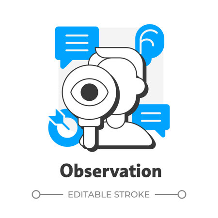 Observation flat outline concept icon. Social communication, conversation. Friendship, networking. Active listening. Modern line illustration with blue glyphs. Conceptual visual. Easy to editのイラスト素材