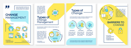 Change management blue and yellow brochure layout. Types of changes and barriers. Innovations. Leaflet advertising design with color line icons. Editable 4 pages. Questrial, Lato-Regular fonts usedのイラスト素材