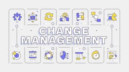 Change management light word concept. Innovations in organization workflow. Business strategy. Typography banner. Vector illustration with title text, editable icons color. Hubot Sans font usedのイラスト素材