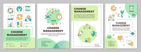 Change management green circle brochure layout. Organization transition to new level. Leaflet advertising design with color line icons. Editable 4 pages. Arial-Bold, Myriad Pro-Regular fonts usedのイラスト素材