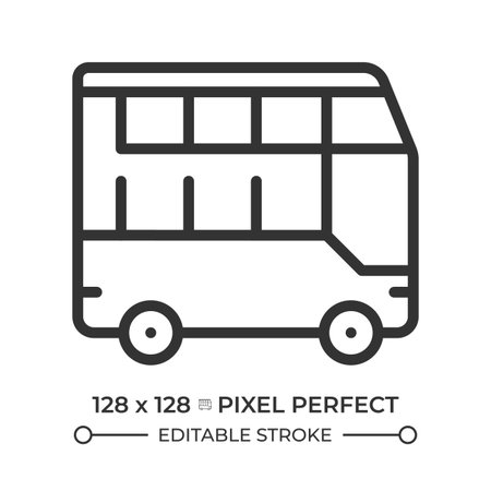 Double decker bus pixel perfect line icon. Two level vehicle designed to carry more passengers. Transportation. Isolated vector illustration. Outline symbol. Simple linear drawing. Editable strokeのイラスト素材