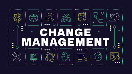 Change management dark word concept. Innovations in organization workflow. Business strategy. Horizontal vector image. Headline text surrounded by editable outline icons. Hubot Sans font usedのイラスト素材