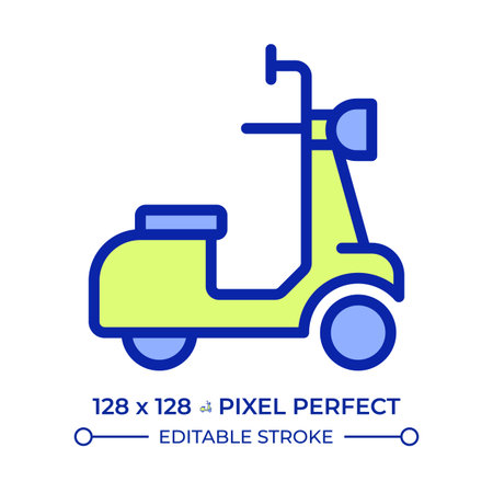 Motor scooter pixel perfect line color icon. Motorcycle with underbone step through frame. Comfortable vehicle. Isolated vector illustration. Flat colorful symbol design. Editable strokeのイラスト素材
