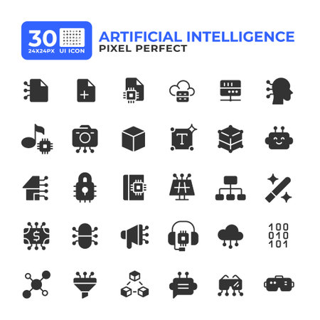 Artificial intelligence glyph ui icons set. Cybersecurity, privacy. Data processing, analytics. Black solid symbols vector iconset. User interface flat elements collection, pixel perfectのイラスト素材