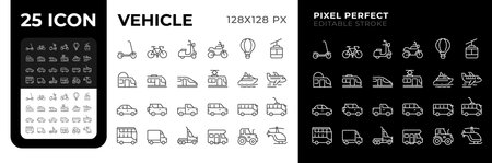 Vehicles pixel perfect black and white line icons set. Machines designed to transport people and...