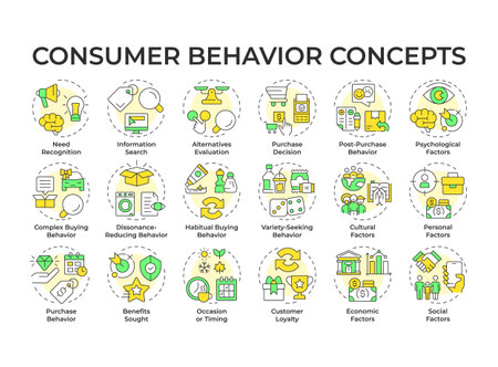 Consumer behavior multi color concept icons. Purchase decision, economics. Advertising, money. Icon pack. Vector images. Round shape illustrations for infographic, article. Abstract ideaのイラスト素材