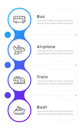 Vehicles round infographic template. Bus, train, airplane and boat. Traveling. Data visualization with 4 steps. Empty process vector design. Editable blank options info graphics. Lexend font usedのイラスト素材