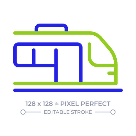 Train pixel perfect two color line icon. Commuter railroad vehicle. Railway transport. Locomotive riding bicolor outline symbol. Duotone linear pictogram. Isolated illustration. Editable strokeのイラスト素材