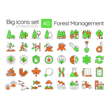 Forest management line color icons set. Wildfire protection. Ecology preservation, environment. Pest control. Vector illustrations. Simple flat colorful symbols collection. Editable strokeのイラスト素材