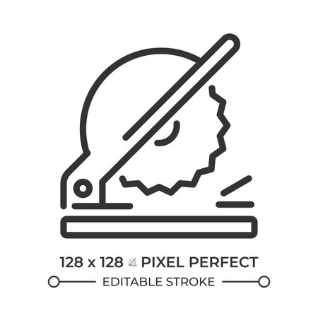 Chop saw line icon. Circular blade, woodworking. Professional equipment and instruments. Industrial, craftsmanship. Isolated vector illustration. Outline symbol. Simple linear drawing. Editable strokeのイラスト素材