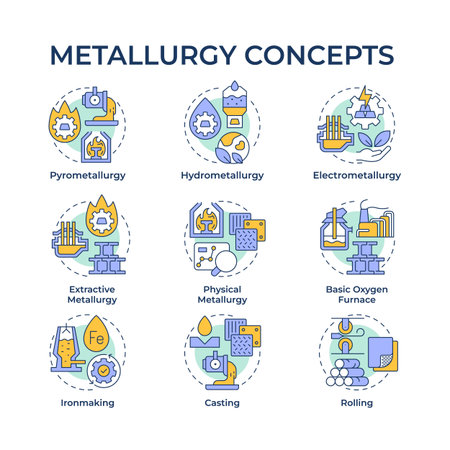 Metallurgy multi color concept icons. Processes of exploration and casting metals. Heavy industry branch. Icon pack. Vector images. Round shape illustrations for presentation. Abstract ideaのイラスト素材