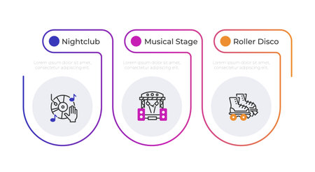 Entertainment performance infographic gradient line circles. Nightclub, musical stage and roller disco. Editable thin line icons diagram process with 3 steps. Montserrat-SemiBold, Regular fonts usedのイラスト素材