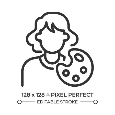 Woman artist pixel perfect line icon. Female holding paint palette. Drawing paintings job. Creative profession. Isolated vector illustration. Outline symbol. Simple linear drawing. Editable strokeのイラスト素材