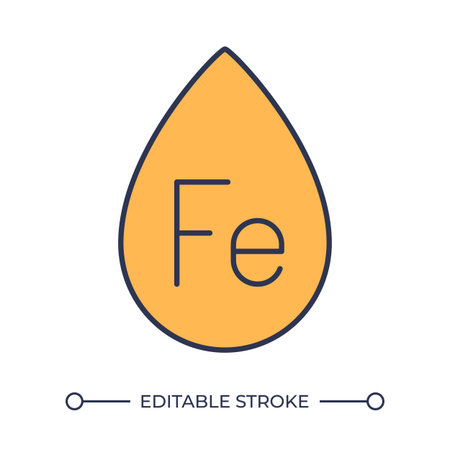 Ironmaking line color icon. Drop of molten metal with iron chemical name. Metallurgical industry processes. Fabrication. Isolated vector illustration. Flat colorful symbol design. Editable strokeのイラスト素材