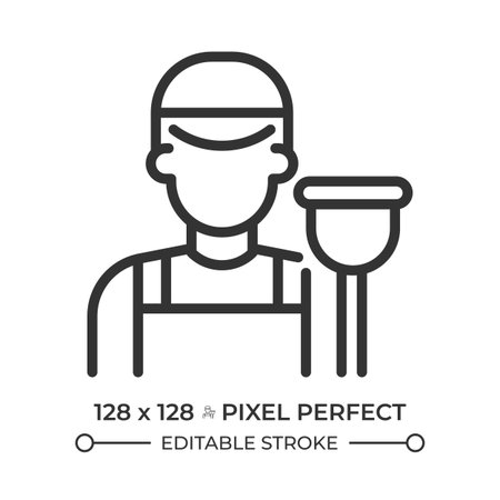 Plumber pixel perfect line icon. Man worker with plunger. Repairing pipes, fittings,and water supply job. Isolated vector illustration. Outline symbol. Simple linear drawing. Editable strokeのイラスト素材