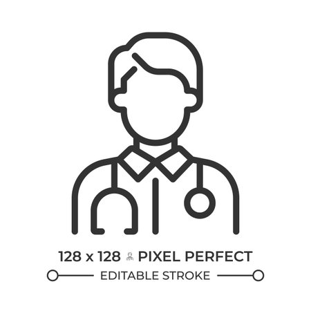 Doctor pixel perfect line icon. Physician in robe with stethoscope. Medical staff. General practitioner Isolated vector illustration. Outline symbol. Simple linear drawing. Editable strokeのイラスト素材