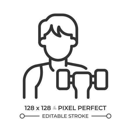 Personal trainer pixel perfect line icon. Sportsman exercising with dumbbell. Healthy lifestyle. Gym training. Isolated vector illustration. Outline symbol. Simple linear drawing. Editable strokeのイラスト素材