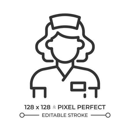 Nurse pixel perfect line icon. Person trained to care for patients in hospital. Medical staff career. Healthcare. Isolated vector illustration. Outline symbol. Simple linear drawing. Editable strokeのイラスト素材