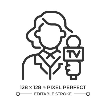 Journalist pixel perfect line icon. Woman interviewer with microphone. TV news report. Information media. Isolated vector illustration. Outline symbol. Simple linear drawing. Editable strokeのイラスト素材