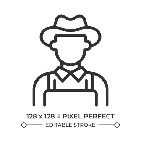 Farmer pixel perfect line icon. Farm owner in cowboy hat and jumpsuit. Agricultural industry worker. Isolated vector illustration. Outline symbol. Simple linear drawing. Editable strokeのイラスト素材