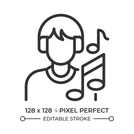 Musician pixel perfect line icon. Man with headphones and music notes. Songs and melodies author. Melomaniac. Isolated vector illustration. Outline symbol. Simple linear drawing. Editable strokeのイラスト素材