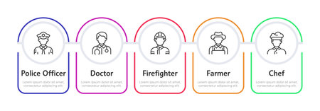 Career day infographic rounded shapes. Choosing future job. Different professions useful for community. Editable thin line icons diagram process with 5 steps. Montserrat-SemiBold, Regular fonts usedのイラスト素材