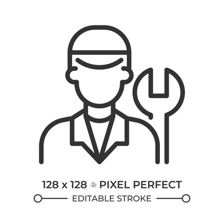 Mechanic pixel perfect line icon. Car service station worker with wrench. Man technician at repair shop. Isolated vector illustration. Outline symbol. Simple linear drawing. Editable strokeのイラスト素材