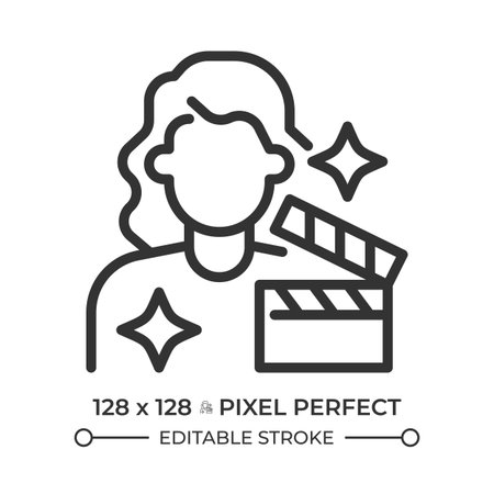 Female actor pixel perfect line icon. Actress behind clapperboard. Playing main role in movie. Filmmaking industry. Isolated vector illustration. Outline symbol. Simple linear drawing. Editable strokeのイラスト素材