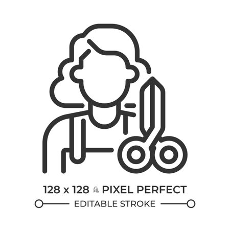 Female hairdresser pixel perfect line icon. Woman hairstylist with scissors. Luxury beauty salon employee. Isolated vector illustration. Outline symbol. Simple linear drawing. Editable strokeのイラスト素材