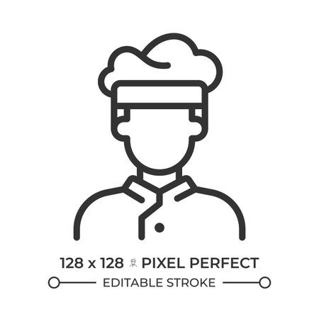 Chef pixel perfect line icon. Skilled professional cook. Food preparation specialist. Head of restaurant kitchen. Isolated vector illustration. Outline symbol. Simple linear drawing. Editable strokeのイラスト素材