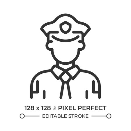 Police officer pixel perfect line icon. Policeman in uniform with cap. Serviceman protecting law and order. Isolated vector illustration. Outline symbol. Simple linear drawing. Editable strokeのイラスト素材