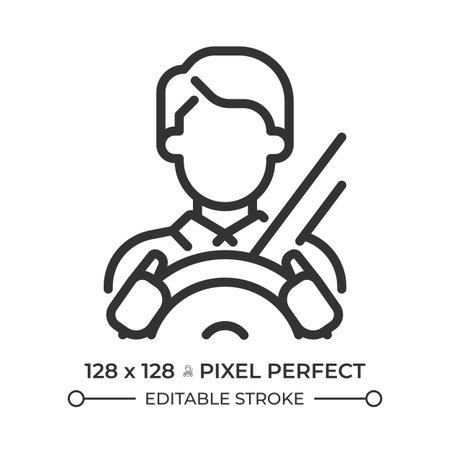 Driver pixel perfect line icon. Man with safety belt driving car. Professional in transportation industry. Isolated vector illustration. Outline symbol. Simple linear drawing. Editable strokeのイラスト素材