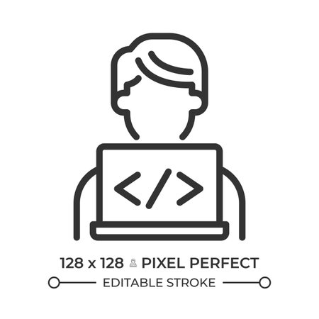 Programmer pixel perfect line icon. Web developer working on laptop. Engineer writing software code. Isolated vector illustration. Outline symbol. Simple linear drawing. Editable strokeのイラスト素材