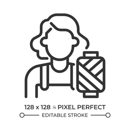 Female tailor pixel perfect line icon. Professional seamstress with thread coil. Dressmaker job. Atelier work. Isolated vector illustration. Outline symbol. Simple linear drawing. Editable strokeのイラスト素材